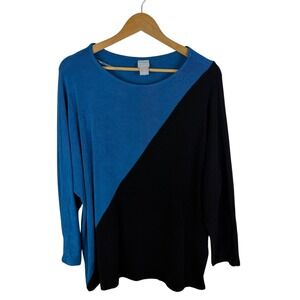 Chicos Travelers Blue Black Colorblock Top Size 3 US 16 Slinky Knit Stretch Fall